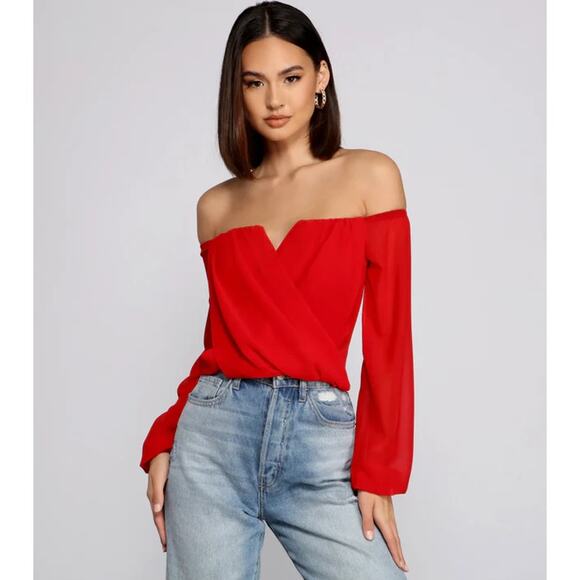 Windsor Red Off The Shoulder Long Sleeve Chiffon Faux Wrap Blouse Crop Top Sz S - Picture 1 of 5
